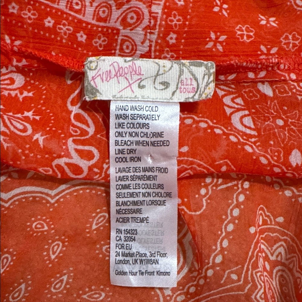 Free People Golden Hour Tie Front Kimono Orange Bandanna Print Sheer Dolman-OS - Picture 7 of 8